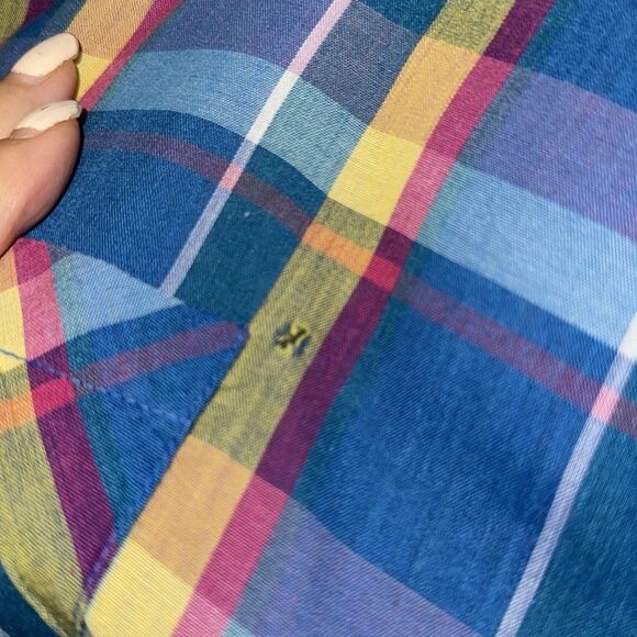 Vtg 80s Blue, Yellow, Pink & Lavender Plaid Button-Up Oversize Cap Sleeve Shirt - Picture 4 of 7